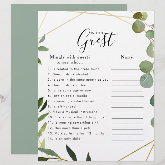 Papier Eucalyptus Fête des mariées Trouvez le jeu d'invit (Devant / Derrière)
