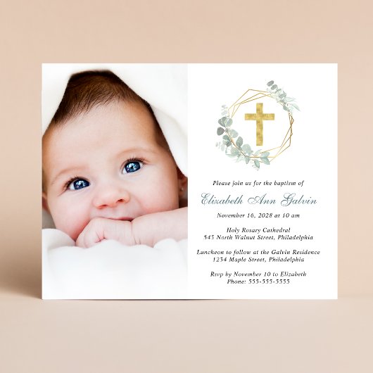 Papier Eucalyptus Gold Cross Photo Baptême Invitation