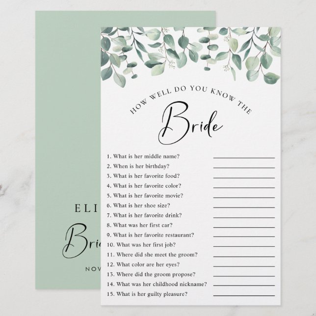 Papier Eucalyptus Green Fête des mariées Jeu (Devant / Derrière)