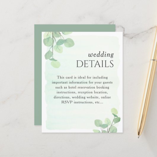 Papier Eucalyptus Green Watercolor Détails du Mariage (Devant/Arrière en situation)