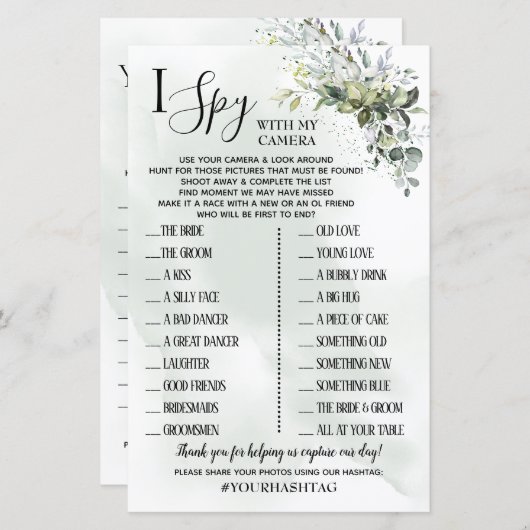 Papier Eucalyptus I Spy mariage réception jeu bilingue (Devant / Derrière)