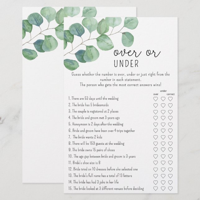 Papier Eucalyptus - Jeu de baby shower : Plus ou Moins (Devant / Derrière)