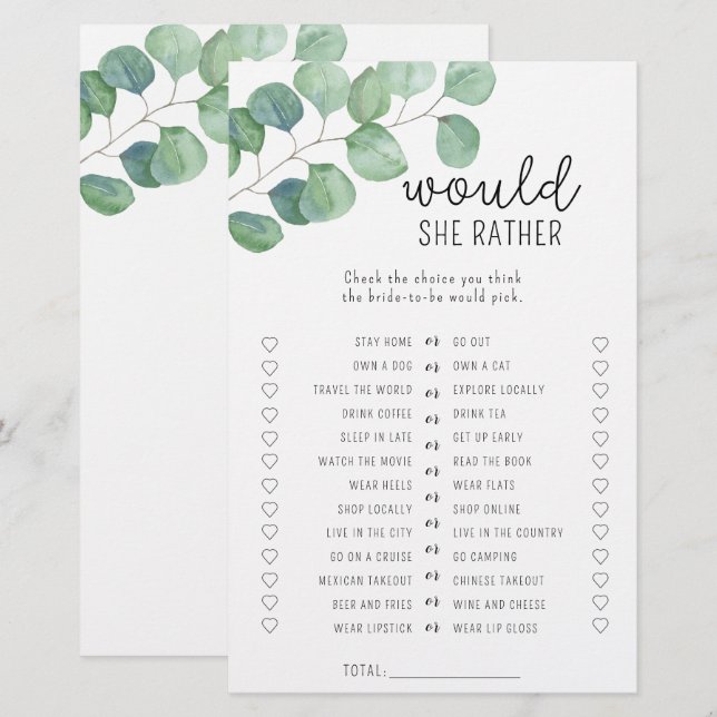 Papier Eucalyptus - Jeu de baby shower pour elle (Devant / Derrière)