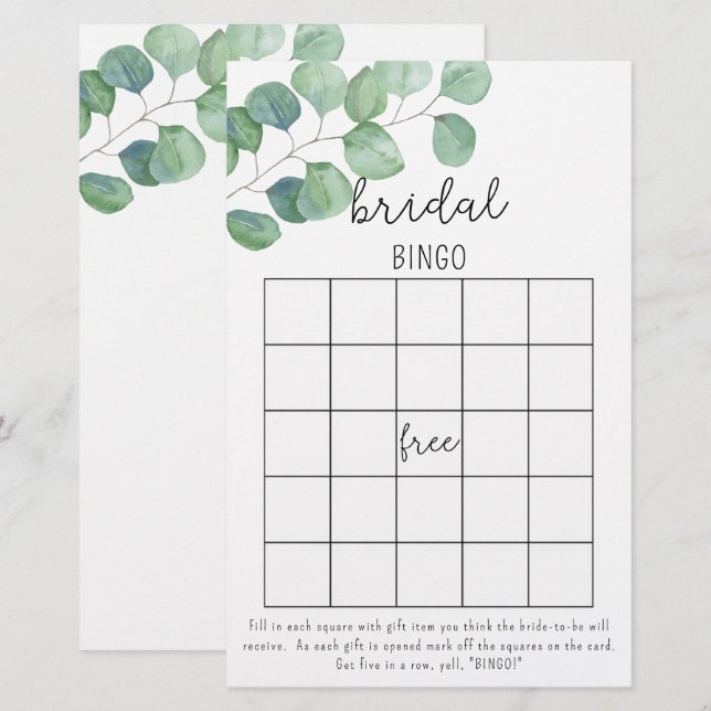 Papier Eucalyptus - jeu de bingo de douche nuptiale (Devant / Derrière)