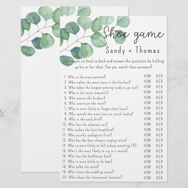 Papier Eucalyptus - Jeu de chaussures jeu de baby shower (Devant / Derrière)