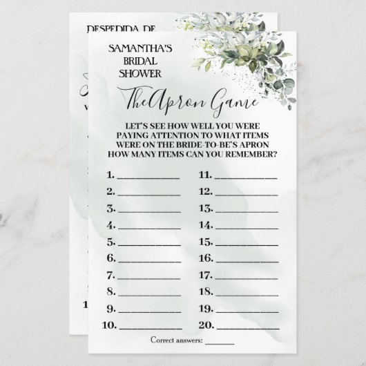 Papier Eucalyptus La douche nuptiale d'Apron jeu bilingue (Devant / Derrière)