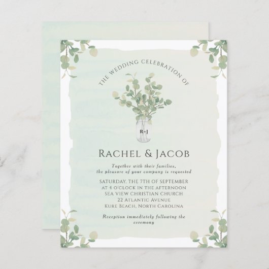 Papier Eucalyptus Mason Jar Monogramme Faire-part de mari (Devant / Derrière)