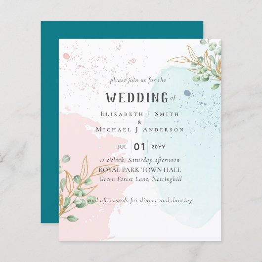 Papier Eucalyptus moderne Mariage bleu rose (Devant / Derrière)