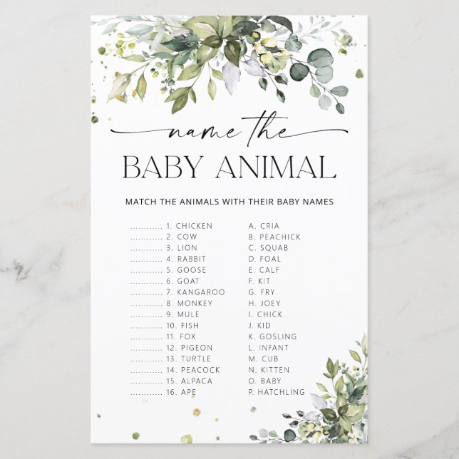 Papier Eucalyptus Nommez le jeu de l'animal bébé (Devant)