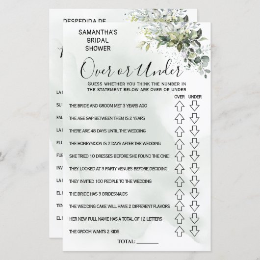 Papier Eucalyptus Over or Under shower jeu bilingue (Devant / Derrière)