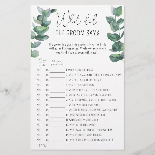 Papier Eucalyptus - Qu'est-ce que le marié a dit le jeu d (Devant)