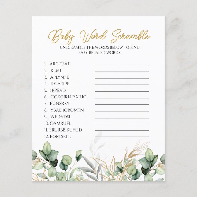 Papier Eucalyptus Verdure Baby shower Word Scramble Jeu (Devant)