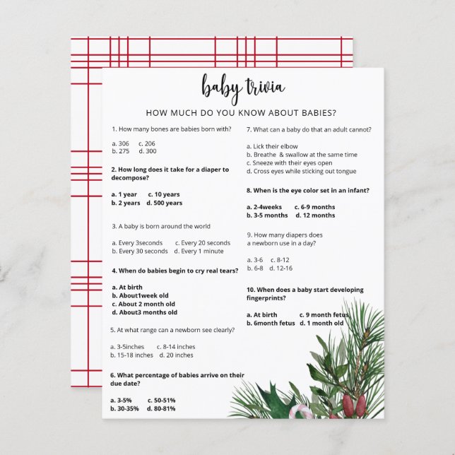 Papier Evergreen Snow Baby Quiz | Jeu de Baby Shower (Devant / Derrière)