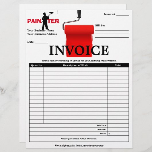 PAPIER FACTURE DU PEINTRE (Devant / Derrière)