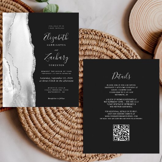 Papier Faire Mariage Code QR Gris Argent Agate Sombre