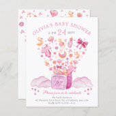 Papier Faire-part de Baby Shower Fille Boîte Rose Surpris (Devant / Derrière)