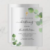 Papier Faire-part de baptême argenté eucalyptus budget (Devant / Derrière)