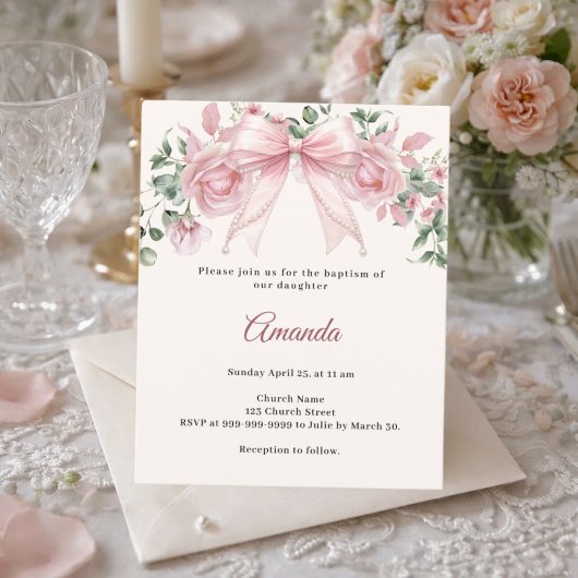 Papier Faire-part de baptême fille fleurs rose ivoire