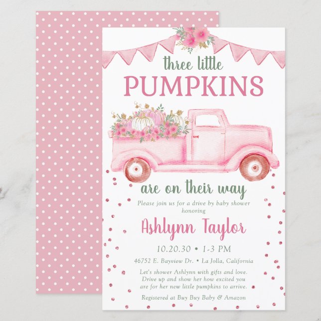 Papier Faire-part de douche bébé Budget Triplets Rose Pet (Devant / Derrière)