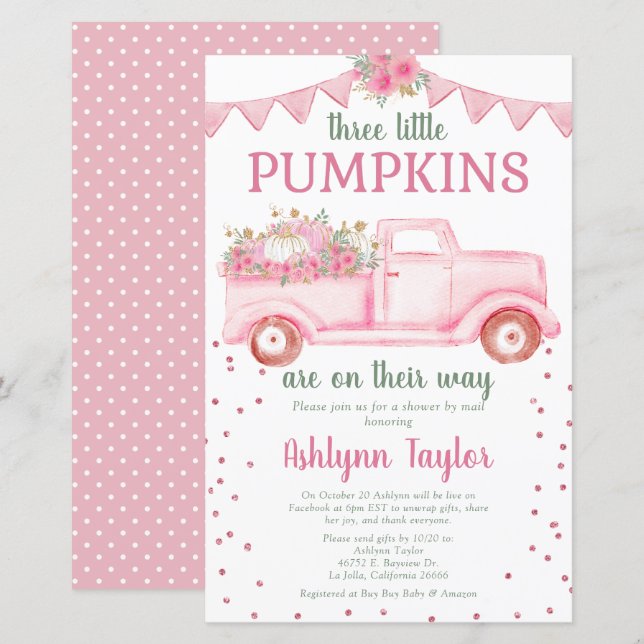 Papier Faire-part de douche bébé Budget Triplets Rose Pet (Devant / Derrière)