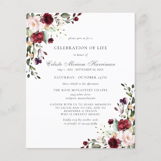 Papier Faire-part de fleurs de rose rouge de Bourgogne po (Devant)