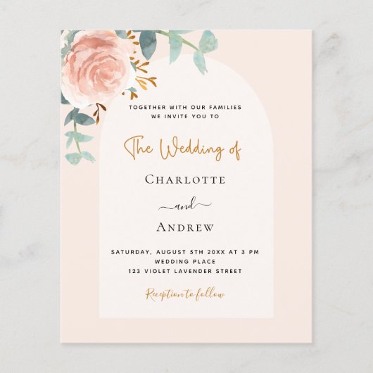 Papier faire-part de mariage à arc fleuri rose doré (Devant)