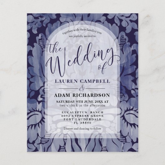 Papier Faire-part de mariage à arche en damas bleu marine (Devant)