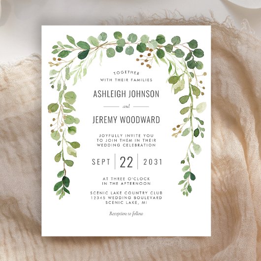 Papier Faire-part de mariage à arche en eucalyptus budget
