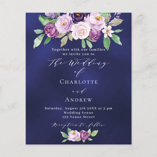 Papier Faire-part de mariage à budget bleu fleuri rose vi (Devant)