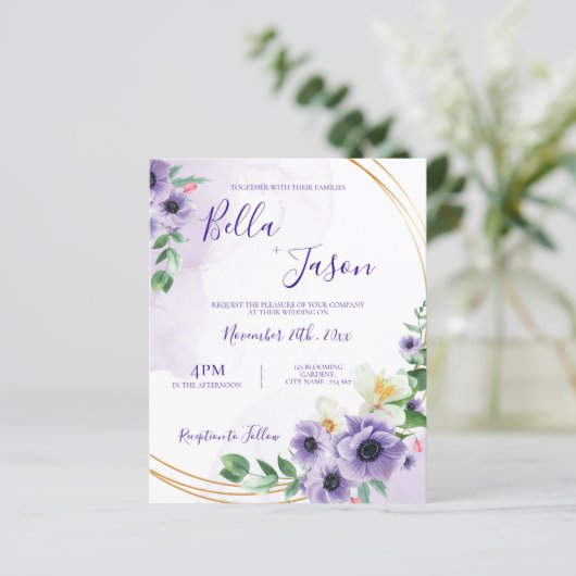 Papier Faire-part de mariage à cadre d'or blanc violet (Debout devant)