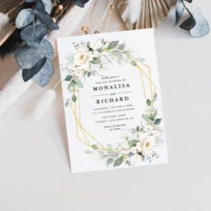 Papier Faire-part de mariage à cadre doré fleuri blanc