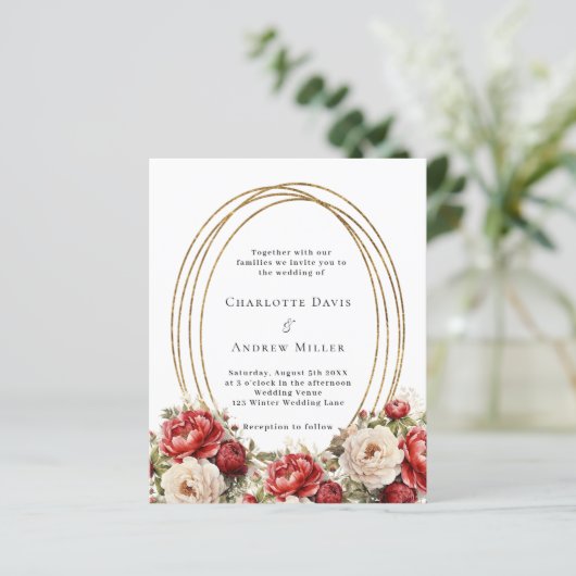 Papier Faire-part de mariage à cadre doré fleuri rouge (Debout devant)