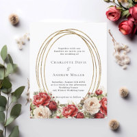 Faire-part de mariage à cadre doré fleuri rouge