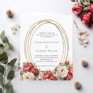 Papier Faire-part de mariage à cadre doré fleuri rouge