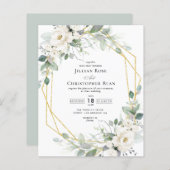 Papier faire-part de mariage à cadre fleuri blanc eucalyp (Devant / Derrière)