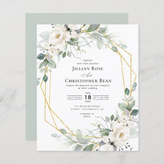 Papier faire-part de mariage à cadre fleuri blanc eucalyp (Devant / Derrière)