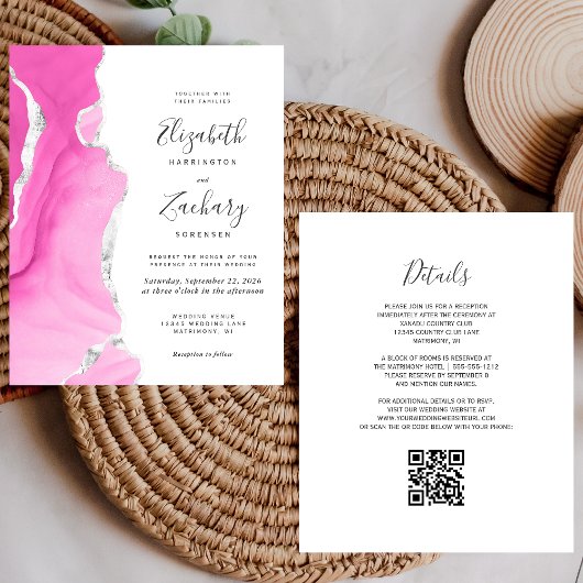 Papier Faire-part de mariage à code QR Agate argent rose