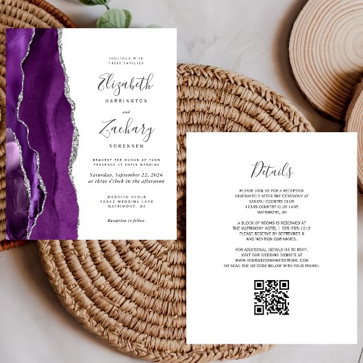 Papier Faire-part de mariage à code QR Agate Violet Budge