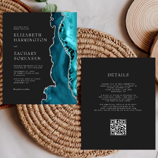 Papier Faire-part de mariage à code QR argent Agate sarce