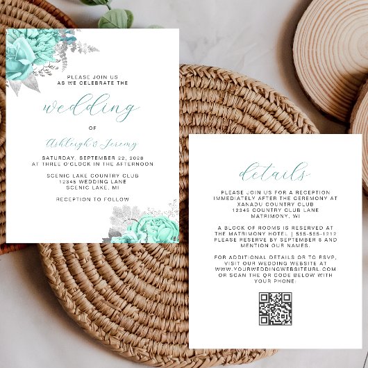Papier Faire-part de mariage à code QR argent et floral a