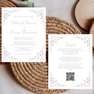 Papier Faire-part de mariage à code QR avec feuillage arg