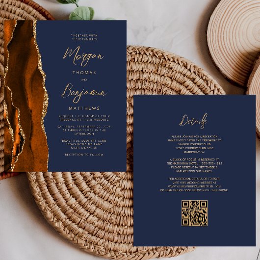 Papier Faire-part de mariage à code QR bleu marine Agate 
