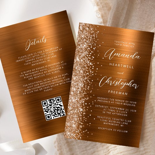 Papier Faire-part de mariage à code QR Budget Copper Glam