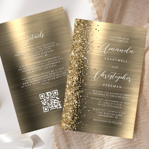 Papier Faire-part de mariage à code QR Budget Gold Glam