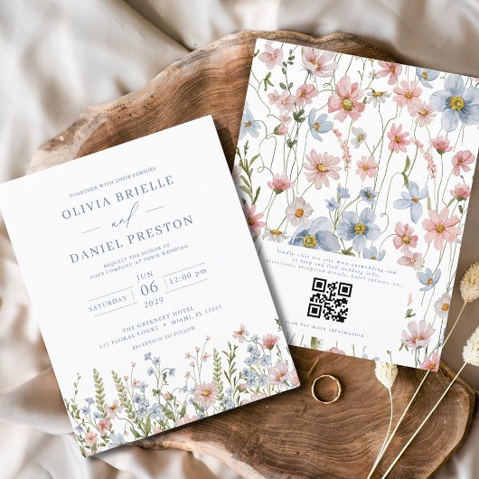 Papier Faire-part de mariage à code QR de fleurs sauvages