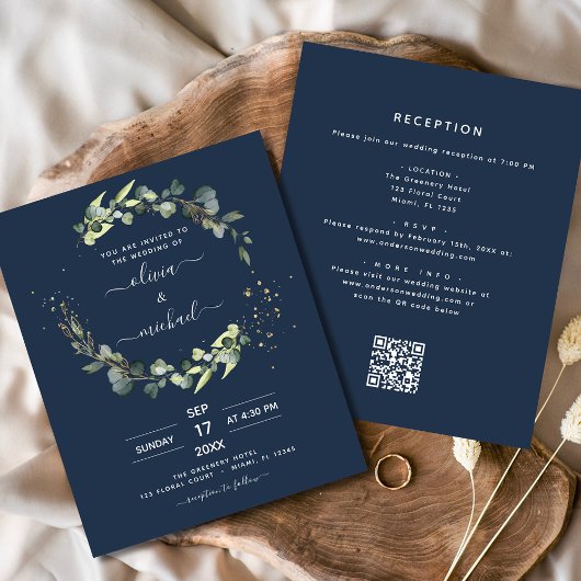 Papier Faire-part de mariage à code QR Eucalyptus Bleu Ma