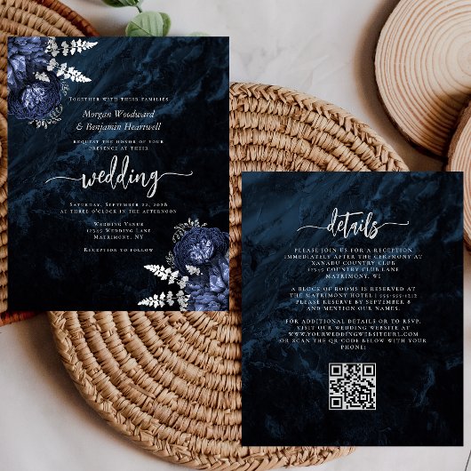 Papier Faire-part de mariage à code QR floral argenté Nav