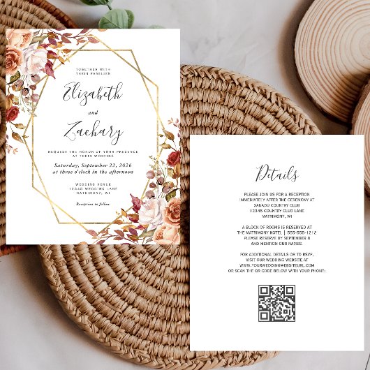 Papier Faire-part de mariage à code QR floral automnal or