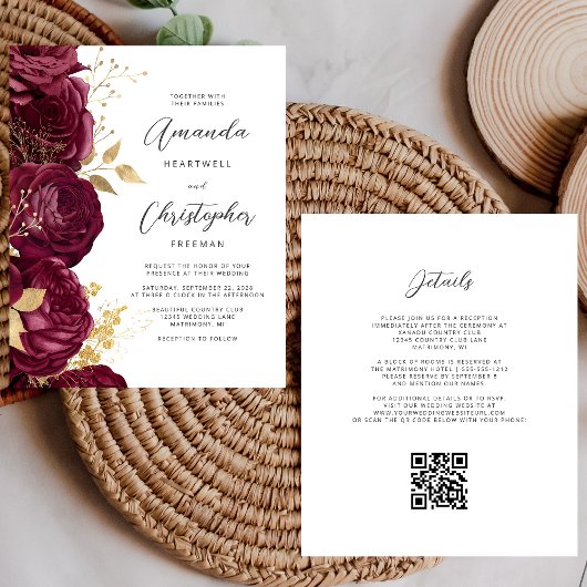 Papier Faire-part de mariage à code QR floral doré de Bou