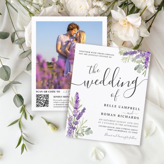 Papier Faire-part de mariage à code QR floral lavande à p
